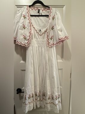 H&M White Cotton Dress with Pink Floral Embroidery with Jacket